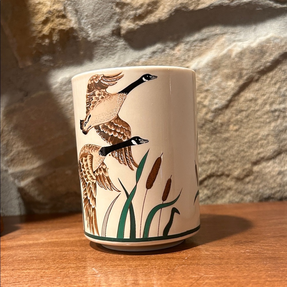 Petite Cream Ceramic cup with hand painted Geese Design, Dad Core
